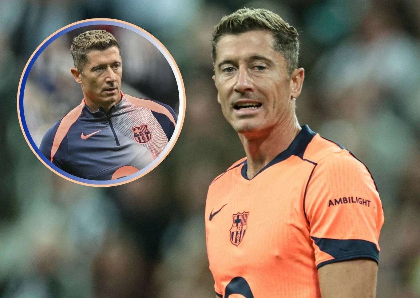 Robert Lewandowski Piłkarz w pomarańczowej koszulce FC Barcelony stoi na boisku podczas meczu, w tle rozmyte trybuny, w okrągłej ramce drugi wizerunek tego samego piłkarza w treningowej bluzie klubu.