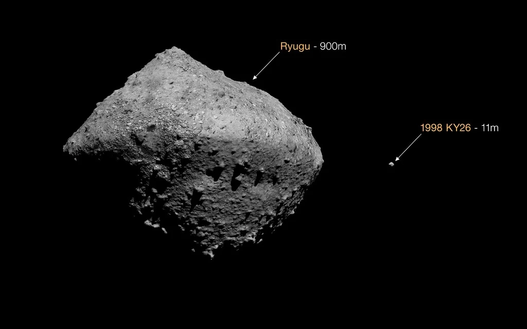 Duża asteroida o nieregularnym kształcie z oznaczeniem Ryugu o średnicy 900 metrów, obok widoczna znacznie mniejsza asteroida 1998 KY26 o średnicy 11 metrów na ciemnym tle kosmosu.