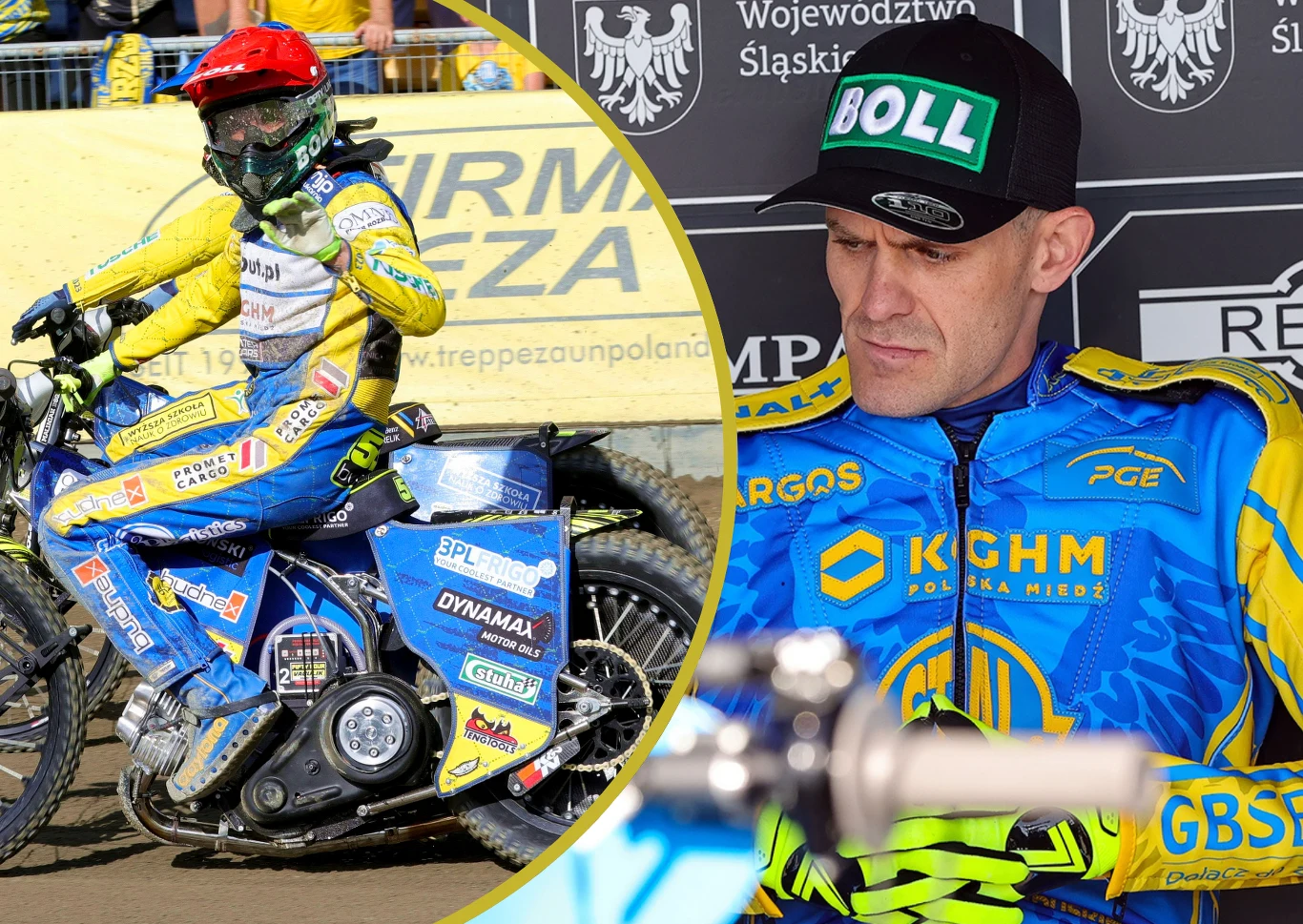 Zawodnik żużlowy podczas jazdy na torze, ubrany w żółto-niebieski kombinezon i kask, z widocznymi licznymi sponsorami na motocyklu; obok portret tego samego sportowca w wywiadzie, również w stroju klubowym.