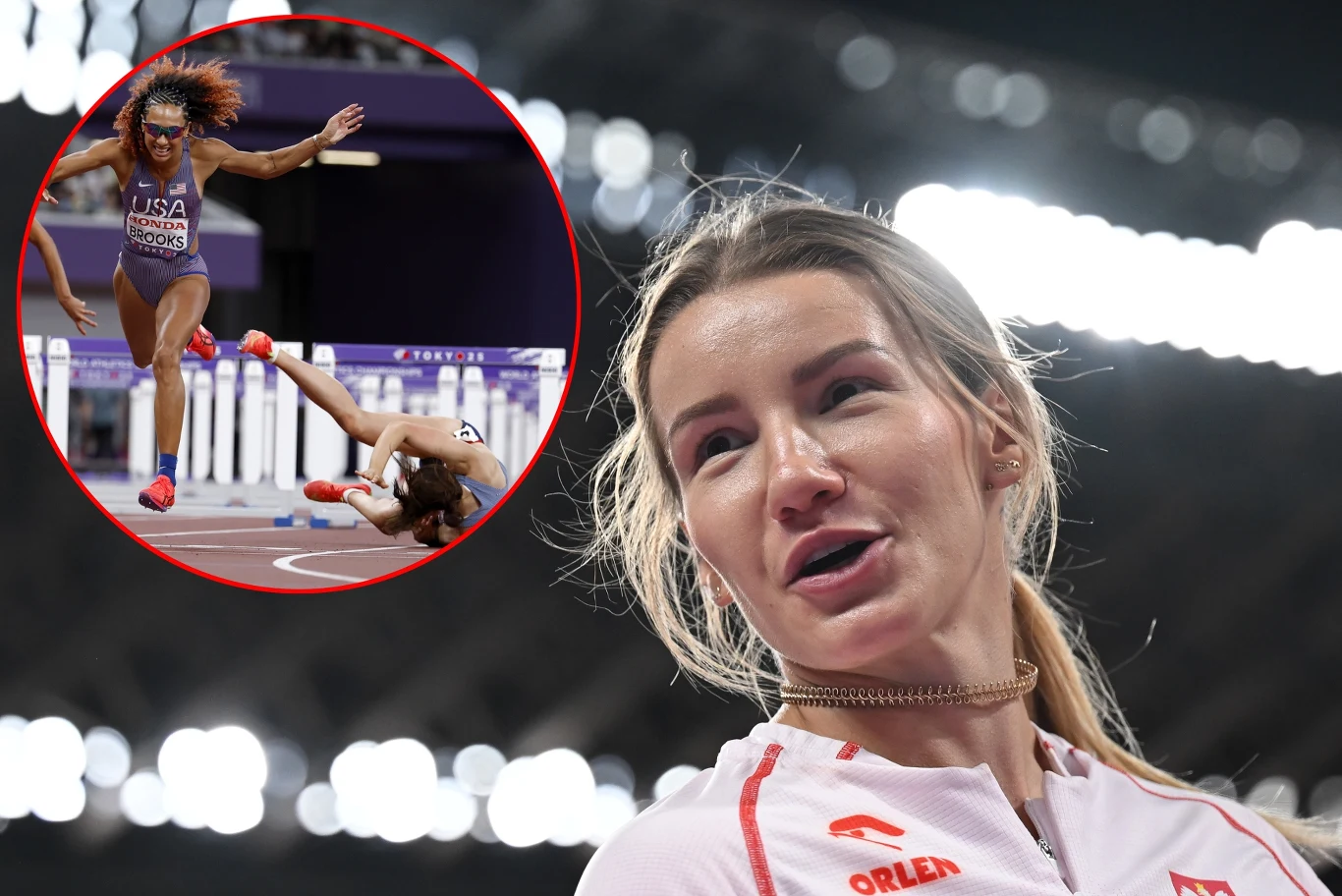 Adrianna Sułek-Schubert przyzwoicie rozpoczęła zmagania w MŚ. Gorzej poszło Brytyjce Abigail Pawlett Ujęcie portretowe lekkoatletki z widocznymi detalami twarzy, w tle stadion lekkoatletyczny; w rogu zdjęcia wstawka przedstawiająca moment upadku zawodniczki na bieżni podczas biegu przez płotki.