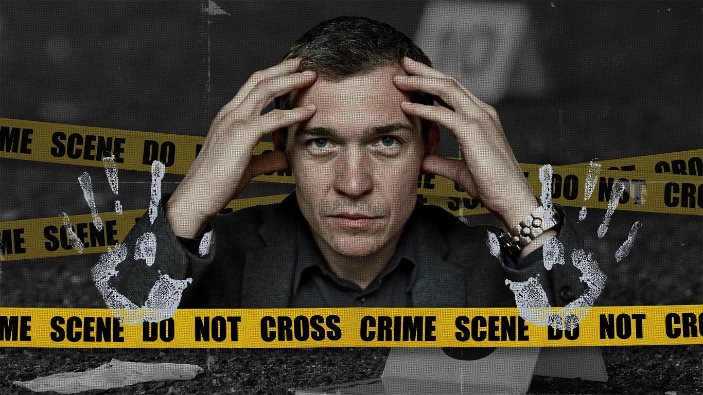Jan Gołębiewski Mężczyzna w garniturze trzymający się za głowę siedzi za taśmą policyjną CRIME SCENE, w tle rozmyte dowody i ślady dłoni na pierwszym planie sugerują śledztwo kryminalne.