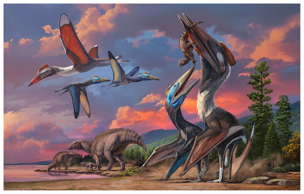 Gobiazhdarcho tsogtbaatari i Tsogtopteryx mongoliensis polujące w Azji na małe dinozaury Grupa prehistorycznych zwierząt w naturalnym środowisku, latające pterozaury unoszą się nad ziemią, a w tle widać roślinożerne dinozaury na tle malowniczego nieba o zachodzie słońca, otoczonego roślinnością i pagórkami.