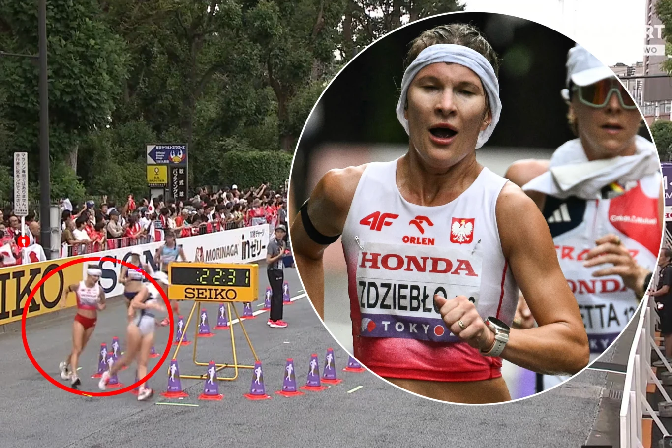 Katarzyna Zdziebło nie załapała się do ścisłej czołówki na samym początku chodu. A później tylko poprawiała swoją pozycję Polska zawodniczka w trakcie zawodów chodu sportowego, widoczna w stroju reprezentacyjnym z opaską na głowie, za nią inna uczestniczka wyścigu, wokół tłum kibiców i tablica z pomiarem czasu.