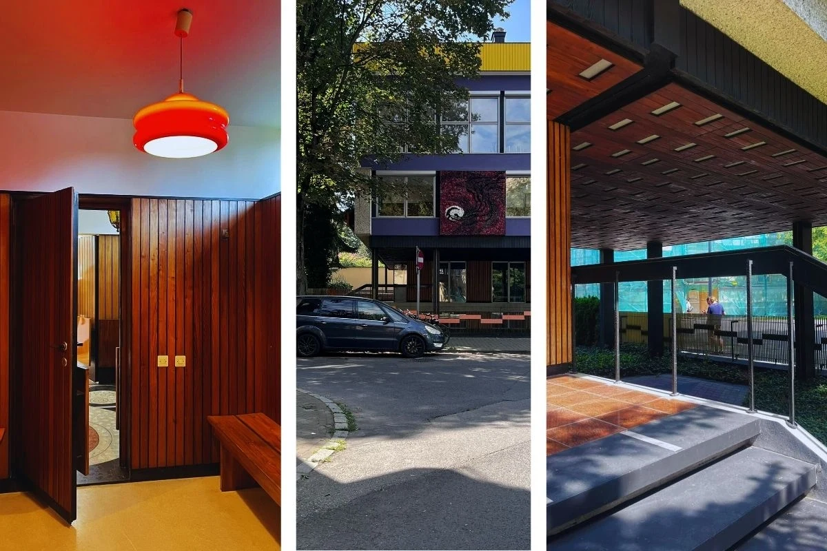 Trzy kadry ukazujące elementy charakterystyczne dla modernistycznej architektury – wnętrze z drewnianą boazerią i pomarańczową lampą, fragment budynku z fioletową elewacją i zaparkowanym samochodem oraz nowoczesne wejście z przykrytym podestem i szklan...