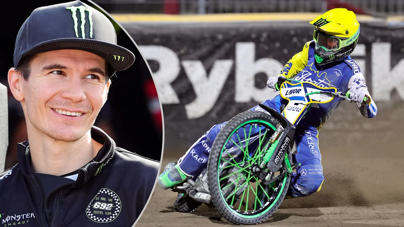 Patryk Dudek Zawodnik żużlowy dynamicznie pokonujący zakręt na torze, ubrany w żółty kask i granatowy kombinezon, w tle widoczne barwy klubowe oraz tablica z napisem Rybnik, w lewym rogu widać ujęcie portretowe sportowca w czapce z logiem Monster.