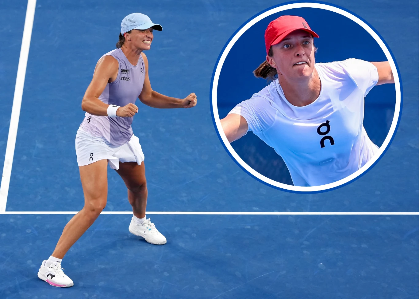 Zawodniczka tenisa na niebieskim korcie w białym stroju i jasnej czapce wykonuje gest zwycięstwa, obok w okręgu zbliżenie tej samej osoby w akcji z inną czapką i wyrazistą mimiką.