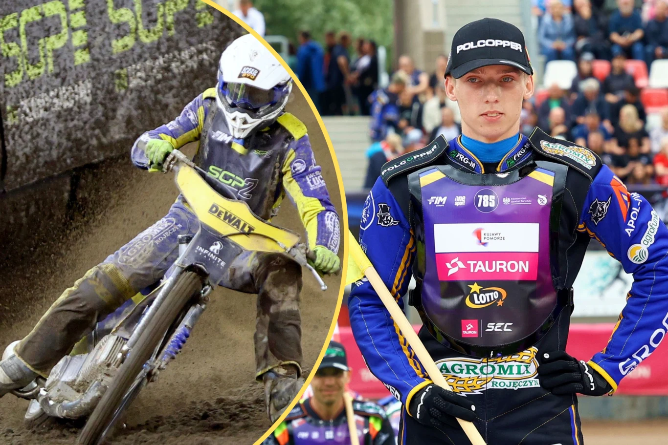 Nazar Parnicki coraz mocniej puka do bram światowego żużla Motocyklista w stroju wyścigowym jadący po torze żużlowym podczas zawodów oraz żużlowiec w pełnym umundurowaniu pozujący na stadionie wśród kibiców.