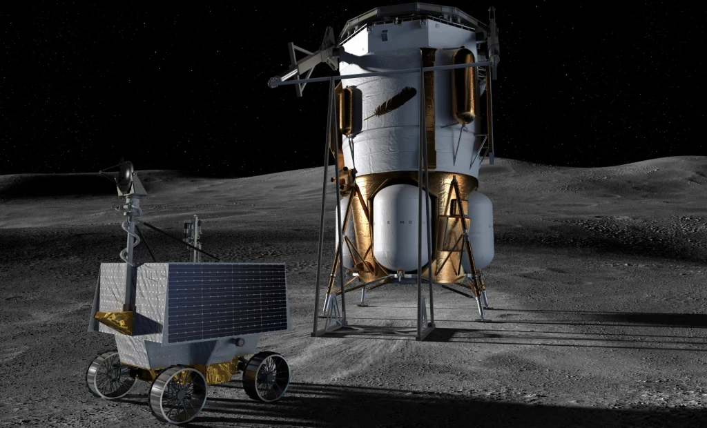 Łazik VIPER poleci na Księżyc. Misja NASA wsparta przez Blue Origin. Lądownik księżycowy wyposażony w panele oraz łazik z anteną na powierzchni Księżyca, wokół rozległy krajobraz kosmiczny pokryty pyłem i skałami