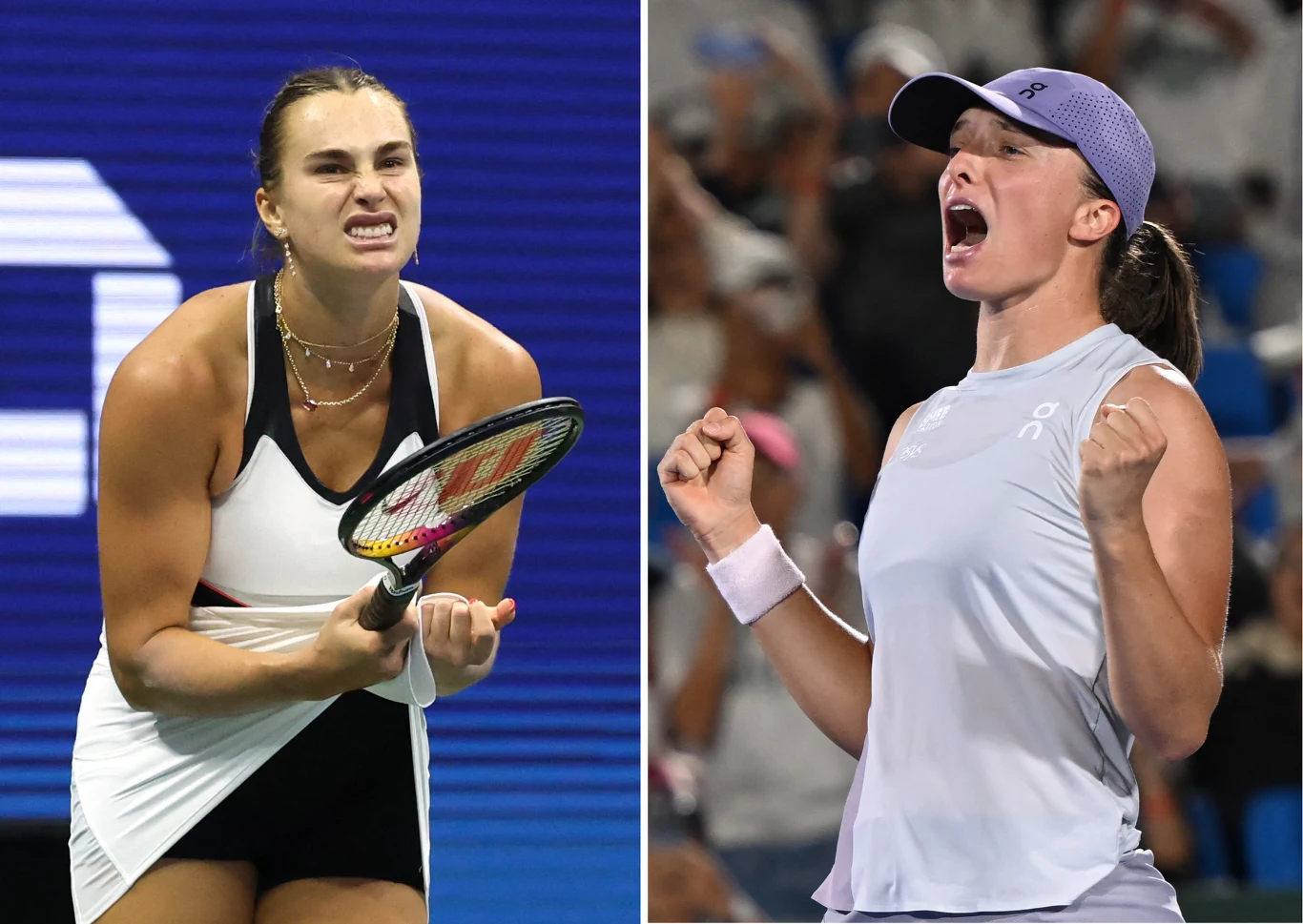 Aryna Sabalenka (L) i Iga Świątek (P) Dwie tenisistki w emocjonalnych pozach podczas meczu, każda na swoim korcie, obie z zaciśniętymi pięściami i wyrazem determinacji na twarzy, w tle elementy trybun oraz inni uczestnicy wydarzenia sportowego.