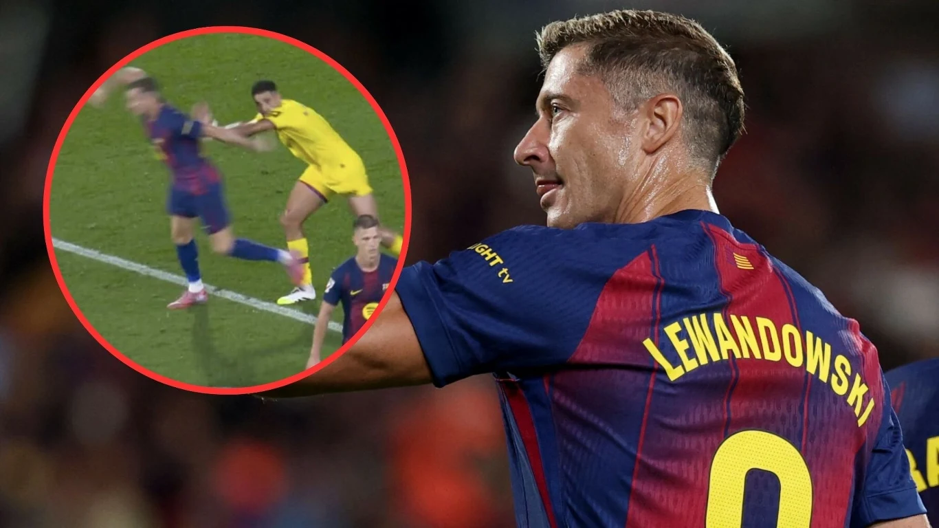 Robert Lewandowski w starciu z Getafe nie miał łatwo Piłkarz z nazwiskiem Lewandowski na koszulce ubrany w granatowo-czerwony strój drużyny FC Barcelona, na pierwszym planie świętuje zagranie lub bramkę; w okrągłej ramce zbliżenie na sytuację boiskową, gdzie piłkarz w żółtym stroju łapie za rękę zawodnik...