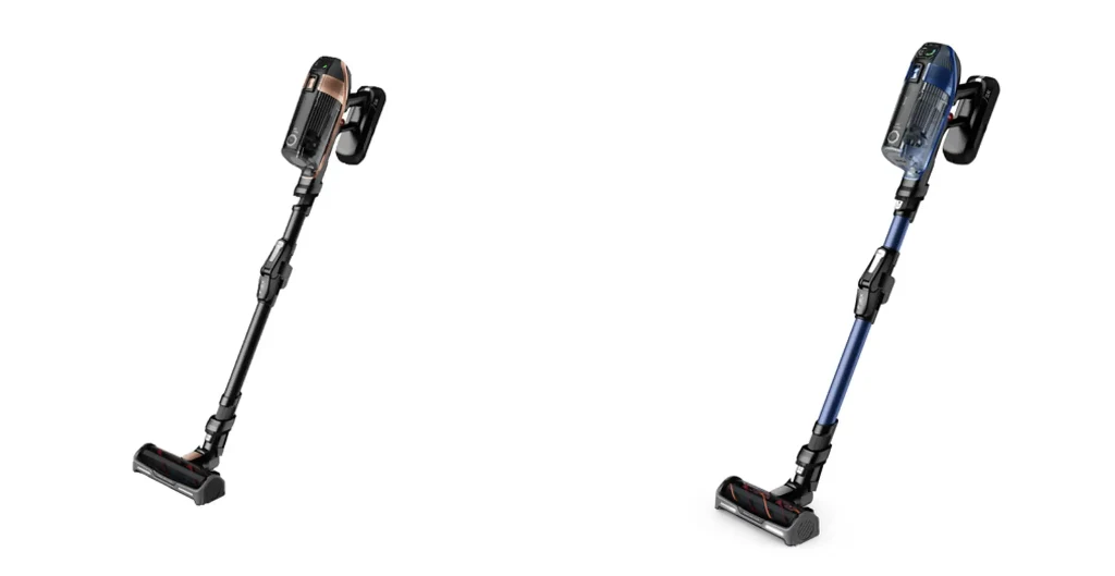 Tefal wycofuje baterie modeli odkurzaczy X-Force Flex 15.60 oraz X-Force Flex 14.60 (seria TY99xx) Dwa odkurzacze bezprzewodowe o nowoczesnym designie, jeden w kolorze czarnym, drugi w ciemnoniebieskim, ustawione na białym tle, widoczna szczotka i pojemnik na kurz.