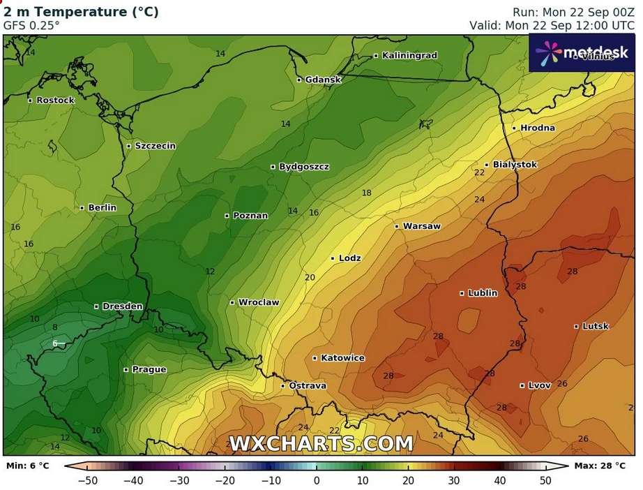 Mapa prognozy temperatury powietrza na terytorium Polski i okolicznych krajów z wyraźnym gradientem temperatury, gdzie zachodnia część kraju ma niższe temperatury, a wschodnia wyraźnie wyższe, osiągające do 28°C