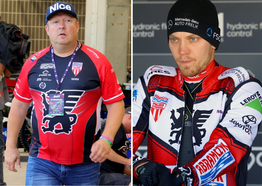 Dwie osoby ubrane w jednakowe klubowe stroje żużlowe, po lewej mężczyzna w czapce z napisem Nice, po prawej motocyklista w kombinezonie z licznymi logotypami sponsorów, obie osoby w otoczeniu sportowym.