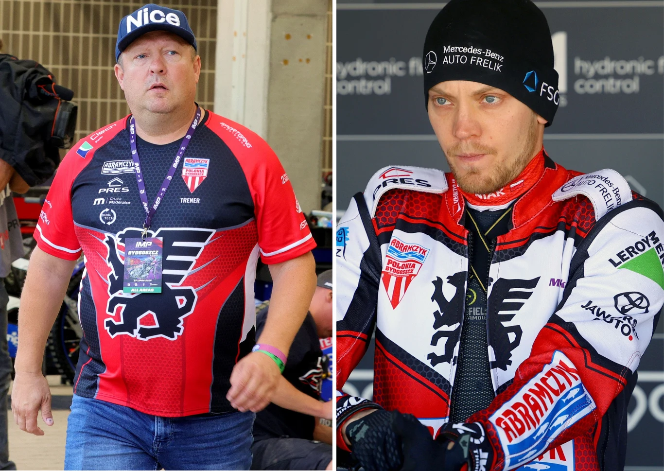 Dwie osoby ubrane w jednakowe klubowe stroje żużlowe, po lewej mężczyzna w czapce z napisem Nice, po prawej motocyklista w kombinezonie z licznymi logotypami sponsorów, obie osoby w otoczeniu sportowym.