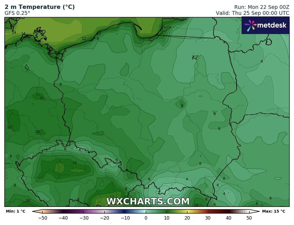 Za dnia będzie maksymalnie kilkanaście stopni a nocami nie więcej niż 10. Miejscami możliwe będą przymrozki Prognoza temperatury powietrza na poziomie 2 metrów nad ziemią dla Polski według modelu GFS, przedstawiająca stopniowe zróżnicowanie temperatury w różnych regionach od wartości około 1°C do maksymalnie 15°C.