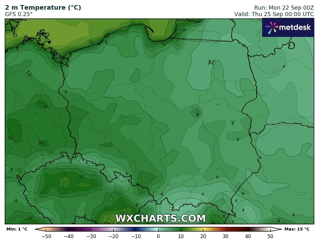Prognoza temperatury powietrza na poziomie 2 metrów nad ziemią dla Polski według modelu GFS, przedstawiająca stopniowe zróżnicowanie temperatury w różnych regionach od wartości około 1°C do maksymalnie 15°C.