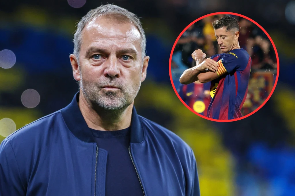 Robert Lewandowski zaskoczył Hansiego Flicka po meczu z Getafe Mężczyzna w granatowej kurtce na pierwszym planie z poważnym wyrazem twarzy, w prawym górnym rogu okrągłe wstawienie prezentujące piłkarza w stroju FC Barcelony poprawiającego opaskę kapitana.