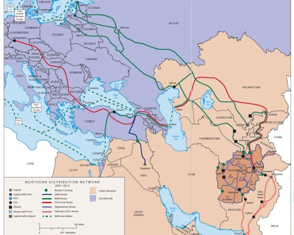 Mapa logistycznych tras transportowych rozciągających się od Europy Zachodniej przez Europę Środkową i Wschodnią, Rosję, Azję Środkową aż do Afganistanu, prezentująca różne rodzaje połączeń drogowych, kolejowych oraz portów morskich i lotniczych w rama...