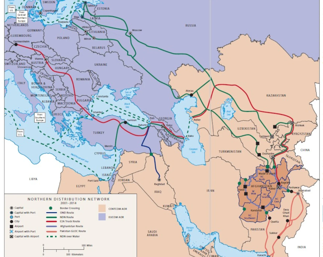 Mapa logistycznych tras transportowych rozciągających się od Europy Zachodniej przez Europę Środkową i Wschodnią, Rosję, Azję Środkową aż do Afganistanu, prezentująca różne rodzaje połączeń drogowych, kolejowych oraz portów morskich i lotniczych w rama...