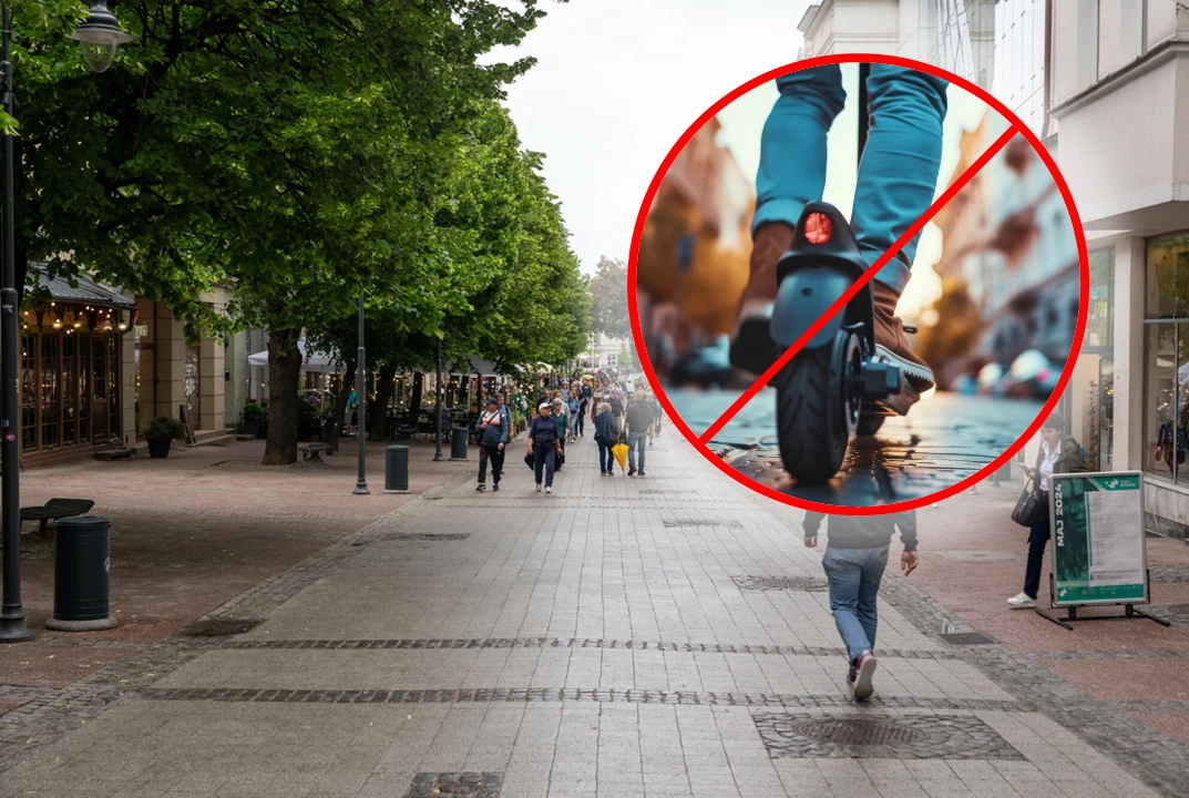 Koniec jazdy hulajnogą przez Monciak. Sopot wprowadza blokadę Deptak miejski z licznymi spacerującymi osobami, a na środku widoczny zakaz jazdy na hulajnogach elektrycznych w formie dużego czerwonego znaku przekreślonej hulajnogi.