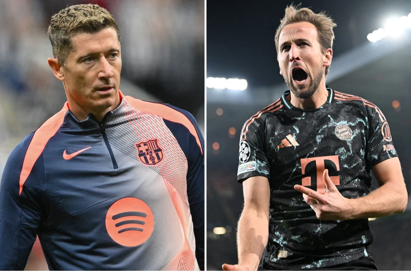 Dwóch znanych piłkarzy z profesjonalnych drużyn piłkarskich, po lewej mężczyzna w stroju treningowym FC Barcelony, po prawej zawodnik Bayernu Monachium wyrażający silne emocje w trakcie meczu.