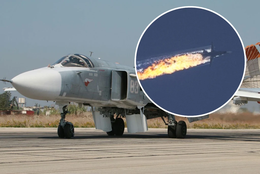 Rosjanie wciąż naruszają terytorium NATO. Turcja już raz zestrzliła Su-24 Wojskowy samolot stojący na pasie startowym oraz zbliżenie maszyny płonącej w powietrzu, przedstawiające katastrofę lotniczą lub zestrzelenie.