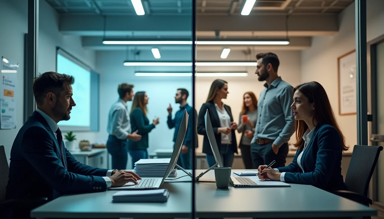 Polacy chętnie poznaliby zarobki współpracowników, ale nie są skłonni do ujawnienia swojej płacy. Zdj. ilustracyjne Dwie osoby pracujące przy biurkach naprzeciw siebie w nowoczesnym biurze, w tle kilkuosobowa grupa ludzi rozmawiająca między sobą, wnętrze o jasnym oświetleniu i profesjonalnej atmosferze