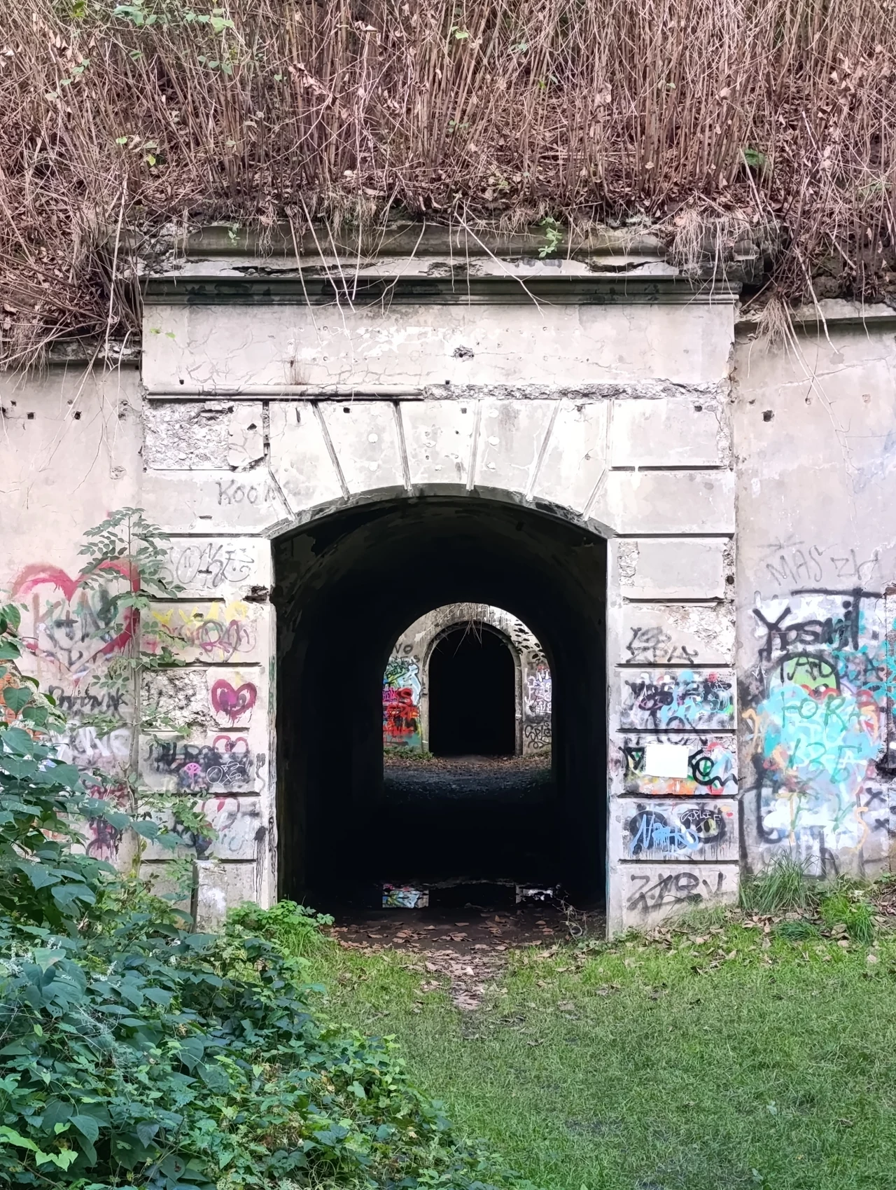 Fort 50 Prokocim Stary kamienny tunel pokryty kolorowymi graffiti na bocznych ścianach, otoczony zielenią i wysoką suchą trawą na górze, wewnątrz tunelu widoczne kolejne przejście i mrok w głębi.