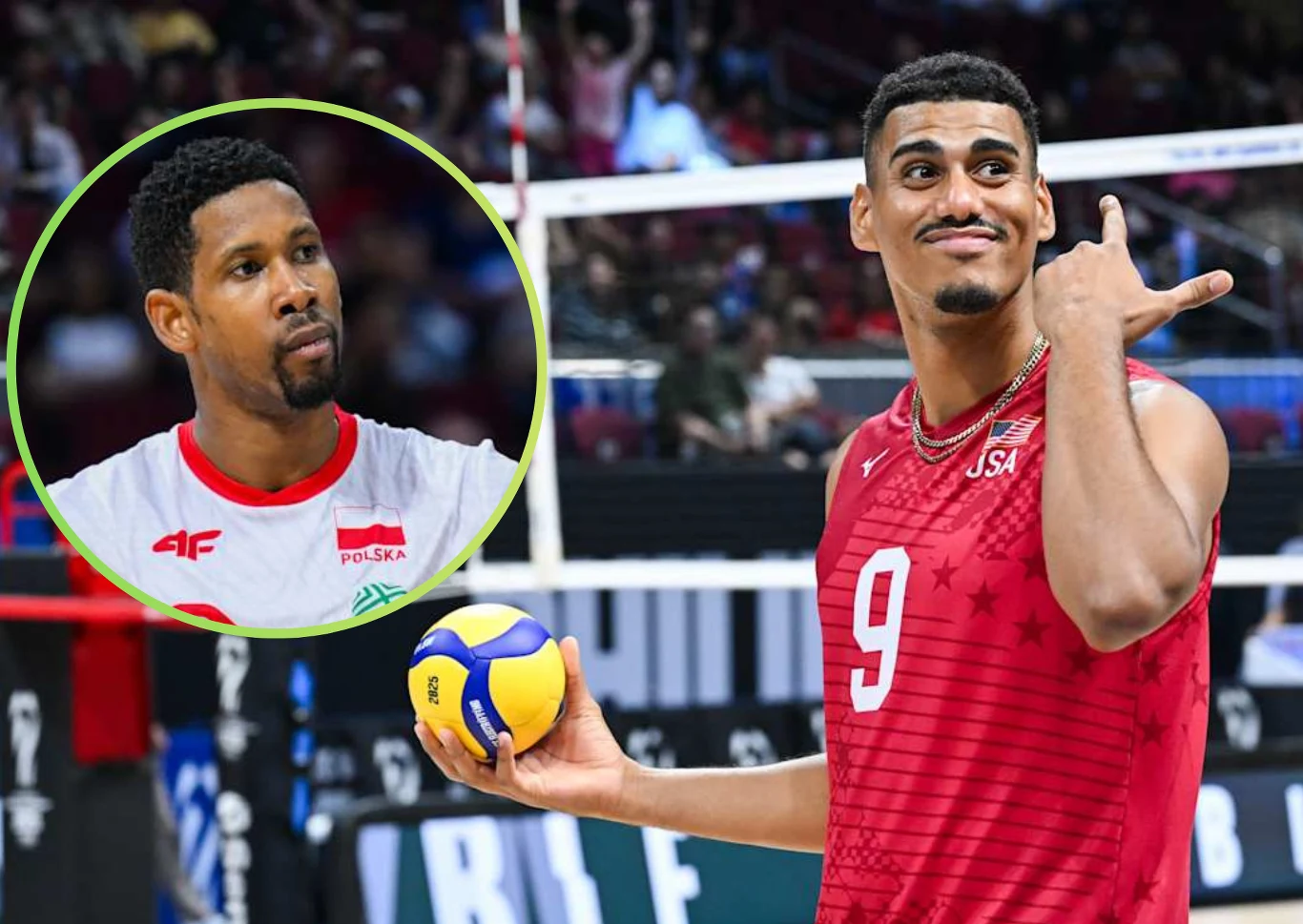 MŚ siatkarzy. Gabriel Garcia błysnął w polu serwisowym w 1/8 finału MŚ. Przebił nawet Wilfredo Leona Zawodnik reprezentacji siatkarskiej USA z piłką do siatkówki w ręku wykonuje gest dłonią na tle hali sportowej, w lewym górnym rogu okrągłe wstawienie przedstawiające zawodnika drużyny Polskiej podczas meczu.