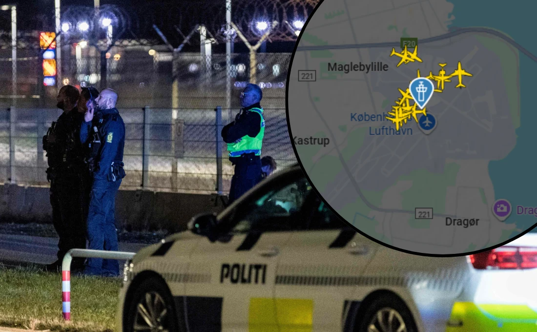 Drony nad kopenhaskim lotniskiem Nocna interwencja policyjna przy ogrodzeniu lotniska, trzech funkcjonariuszy w kamizelkach odblaskowych prowadzi działania, w tle widać patrolujący radiowóz z napisem POLITI oraz fragment mapy z zaznaczonymi lotniskami i samolotami.