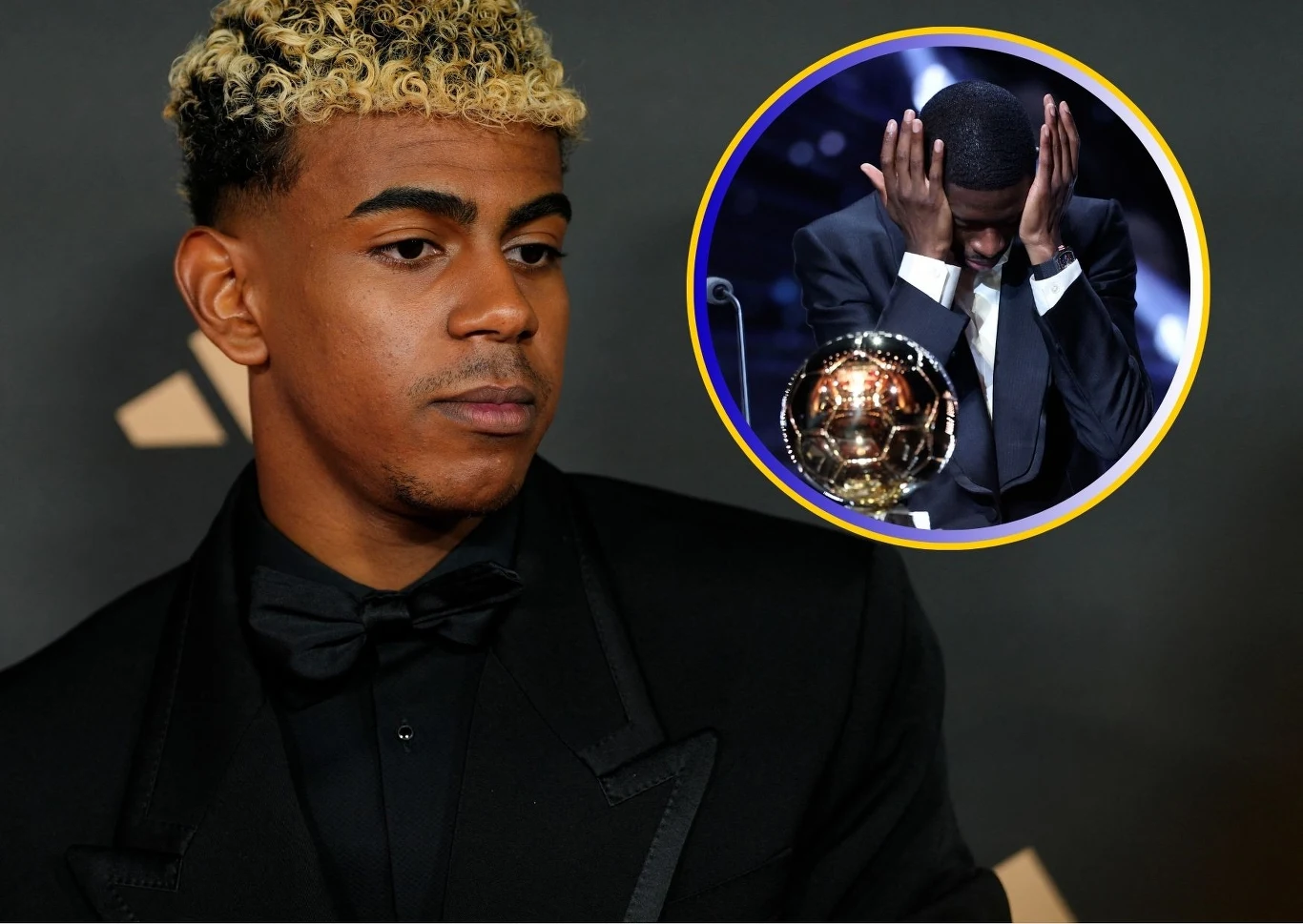Lamine Yamal / Ousmane Dembele Mężczyzna w czarnym garniturze z jasnymi, kręconymi włosami z przodu kadru, w prawym górnym rogu okrągłe powiększenie ukazujące innego mężczyznę z twarzą ukrytą w dłoniach oraz Złotą Piłkę przed nim.