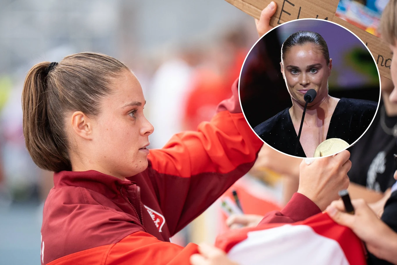 Sportsmenka podpisuje autografy dla fanów, ujęcie obejmuje publiczność oraz szczegółowy portret osoby wygłaszającej przemówienie przy mikrofonie i trzymającej złoty medal.