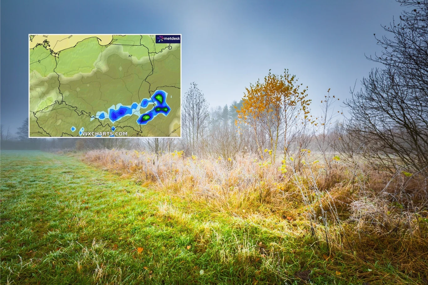 Pierwszy dzień kalendarzowej jesieni będzie pochmurny i chłodny. Możliwe że w nocy z wtorku na środę pojawią się pierwsze w tym sezonie przymrozki Zamglony krajobraz wiejski z zieloną łąką oraz zaroślami jesiennymi, na pierwszym planie nałożona prognoza opadów dla południowej Polski w postaci mapy pogodowej.