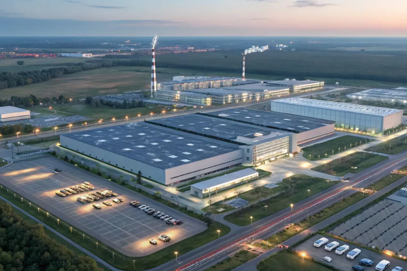 Wizualizacja fabryki samochodów elektrycznych w Jaworznie. Nowoczesny kompleks przemysłowy z wieloma dużymi halami produkcyjnymi i magazynowymi, szerokim parkingiem pełnym samochodów oraz otaczającą infrastrukturą, widoczne oświetlenie, kominy fabryczne i rozległy krajobraz w tle
