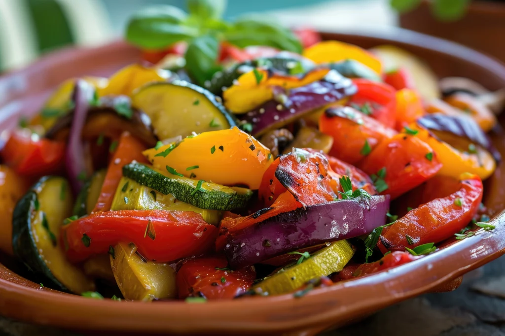 Ratatouille z warzyw - przepis Ewy Wachowicz Kolorowa mieszanka grillowanych warzyw, takich jak cukinia, papryka żółta i czerwona, czerwona cebula oraz pomidory, pokrojonych na kawałki i udekorowanych świeżymi ziołami.