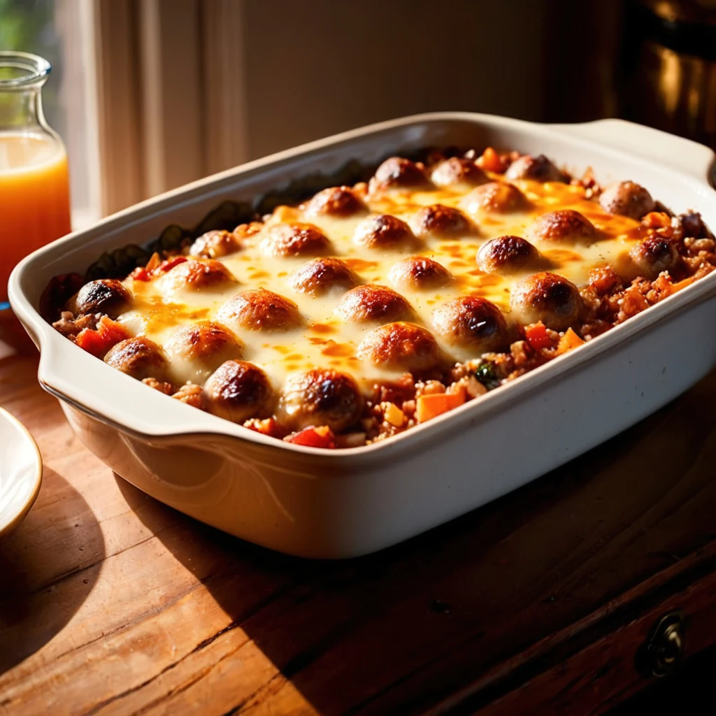 Warzywa pod beszamelem - przepis Ewy Wachowicz Zapiekańa w prostokątnym naczyniu żaroodpornym, pokryta równomiernie roztopionym, zarumienionym serem z widocznymi bąbelkami, wnętrze składa się z warstw warzyw i mięsa, ustawiona na drewnianym stole w świetle dziennym.