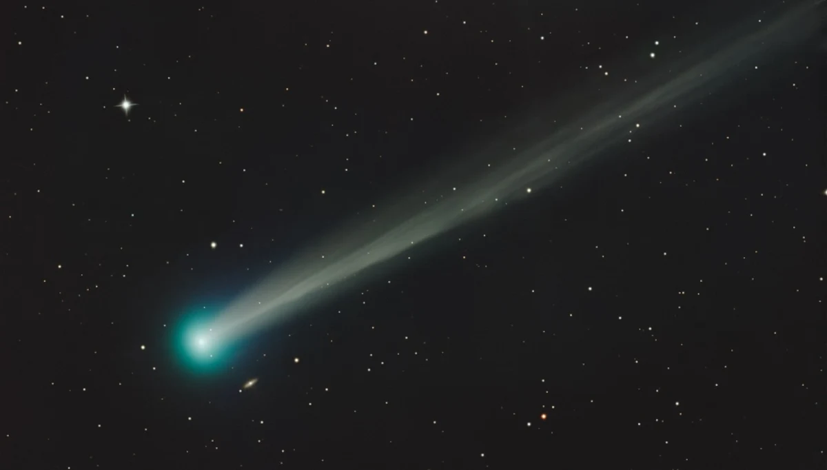 C/2025 R2 (SWAN) to nowa kometa na niebie. Miała dostarczyć deszcz meteorów. Jasna kometa przelatująca przez nocne niebo z długim, świetlistym warkoczem na tle licznych gwiazd.