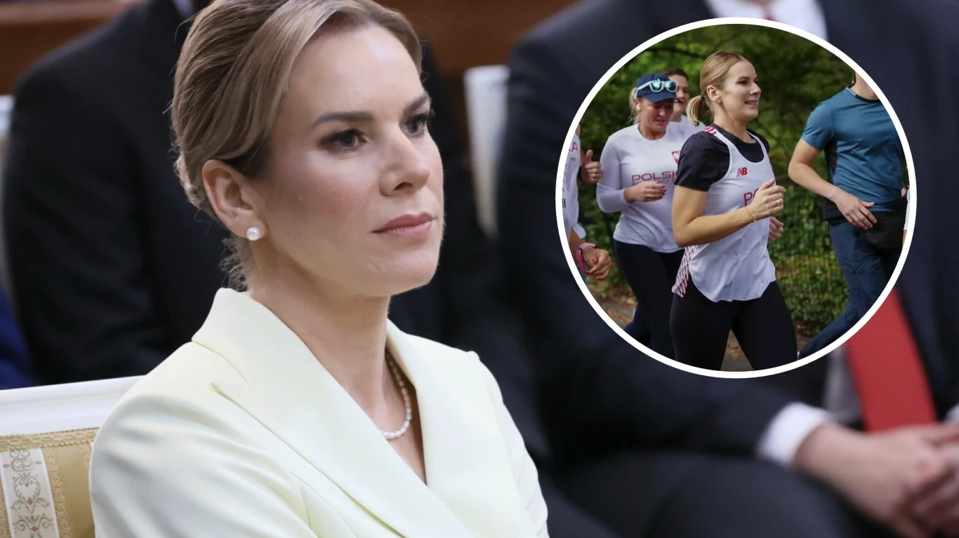 Kobieta w jasnym żakiecie z delikatnym naszyjnikiem siedzi na tle innych osób ubranych formalnie, druga scena w okrągłym kadrze ukazuje ją biegnącą w sportowym stroju podczas biegu ulicznego w towarzystwie innych uczestników.