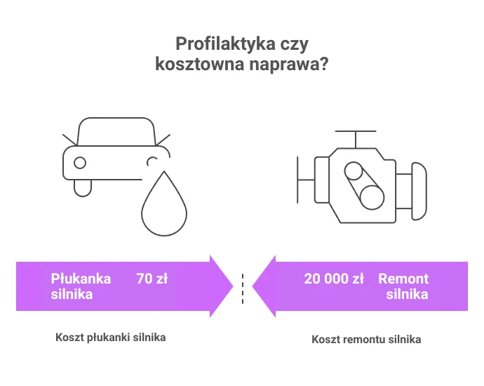 70 zł kontra 20 000 zł – porównanie kosztów płukanki i naprawy silnika Grafika porównuje koszty płukanki silnika auta, które wynoszą 70 zł, z kosztem remontu silnika na poziomie 20 000 zł, ilustrując zalety profilaktyki motoryzacyjnej.