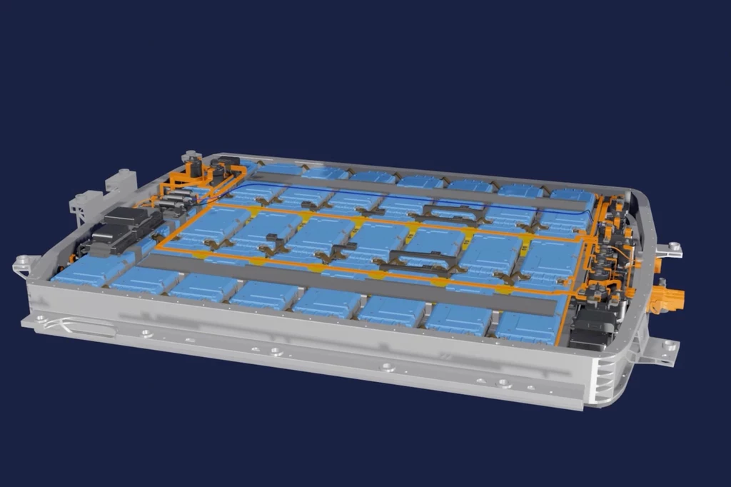 Akumulator litowo-jonowy do samochodu elektrycznego z widocznymi modułami ogniw oraz rozprowadzeniem przewodów i elementów układu zarządzania energią.