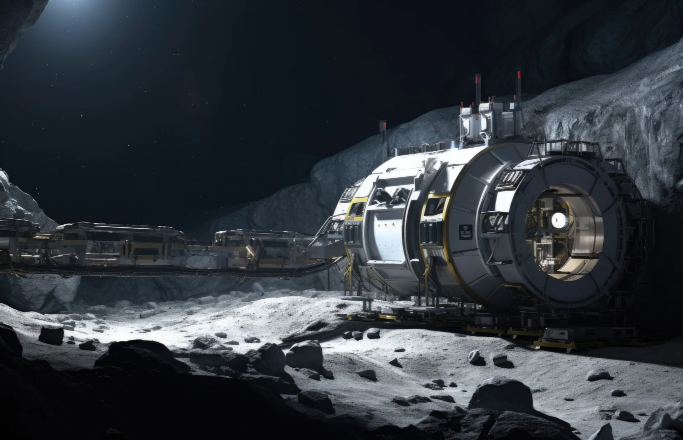 Na Księżycu powstaną kopalnie regolitu w celu pozyskiwania rzadkiego izotopu hel-3? Grafika ilustracyjna. Futurystyczna baza kosmiczna z zaawansowanymi modułami technologicznymi zbudowana na powierzchni księżyca lub asteroidy, otoczona skalistym, surowym krajobrazem i rozproszonym, sztucznym oświetleniem.