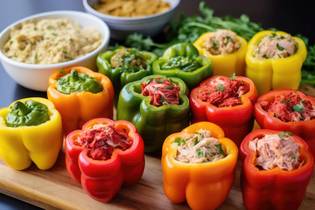 Nadziewane papryki Kolorowe papryki faszerowane różnymi rodzajami nadzienia, ustawione na drewnianej desce, w tle znajduje się miska z hummusem i świeże zioła.
