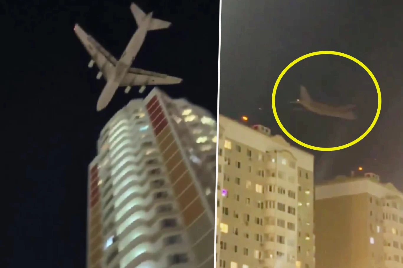 Moskwa. Tuż nad budynkami przeleciał transportowy An-124 Samolot lecący nisko nad osiedlem wysokich bloków mieszkalnych, nocne niebo, światła w oknach budynków i reflektory podkreślające sylwetkę maszyny.