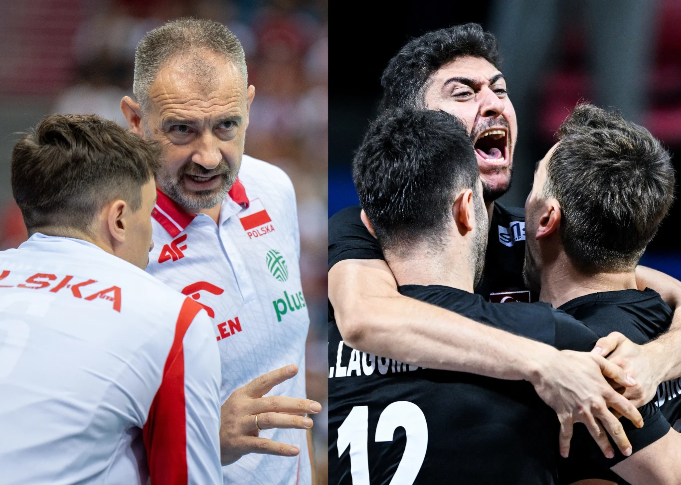 Dowodzona przez selekcjonera Nikolę Grbicia reprezentacja Polski zagra w środę z Turcją na MŚ Po lewej stronie trener w białej koszulce udziela wskazówek dwóm zawodnikom w biało-czerwonych strojach reprezentacji Polski, po prawej grupa zawodników w czarnych koszulkach świętuje emocjonująco, obejmując się.