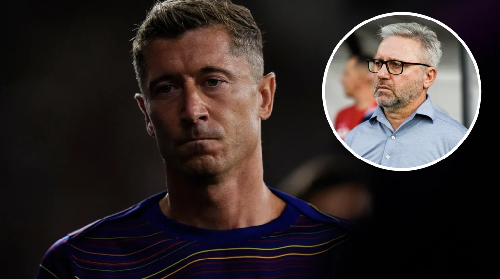 Znany piłkarz o poważnym wyrazie twarzy ubrany w sportową koszulkę, w tle rozmyte postaci; w prawym górnym rogu widoczne okrągłe wstawienie z postacią starszego mężczyzny w okularach i koszuli.