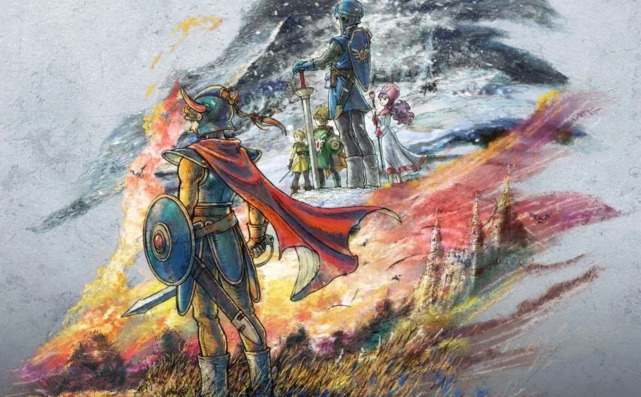 Nadchodzące targi TGS będą prawdziwym świętem dla fanów jRPG-ów Postać wojownika w zbroi i czerwonej pelerynie z mieczem i tarczą, stojąca na tle dynamicznie namalowanego pejzażu, w tle wizja grupy bohaterów z rycerzem, dziewczyną oraz zamkiem, całość utrzymana w stylu fantasy z dominacją barw ognia i śniegu.