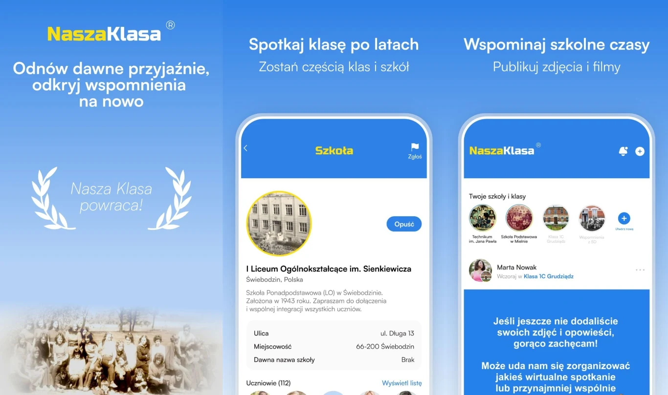 Nasza Klasa wróciła. Teraz w formie apki na smartfony Zrzuty ekranu aplikacji do odnawiania szkolnych przyjaźni z niebieskim tłem, widoczne funkcje takie jak wyszukiwanie szkół, publikowanie wspomnień oraz zdjęcia i filmy z klasy.