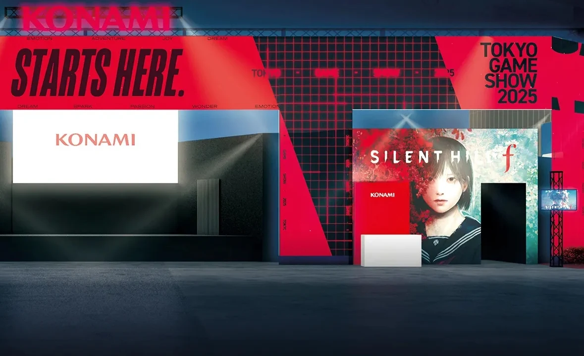 Konami Stoisko wystawowe firmy Konami z dużymi podświetlonymi banerami, na których widnieje logo firmy oraz zapowiedź gry Silent Hill, w tle czerwono-czarna grafika oraz hasła promujące wydarzenie Tokyo Game Show 2025.