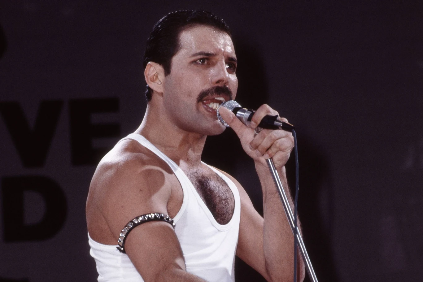 Freddie Mercury w latach 60. mieszkał w Feltham Mężczyzna w białej koszulce śpiewa do mikrofonu na scenie, energiczna poza i mocna ekspresja twarzy, ciemne włosy oraz charakterystyczny wąs.