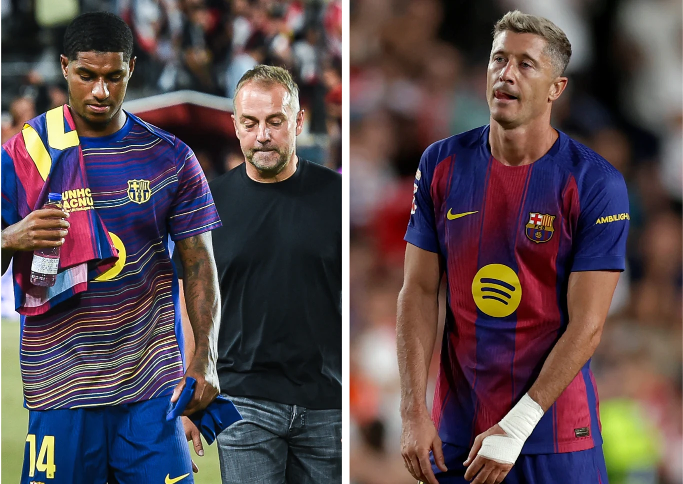 Dwóch piłkarzy klubu FC Barcelona w sportowych strojach, jeden z nich trzyma opatrzoną rękę, drugi ma ręcznik na ramieniu; w tle rozmyci trenerzy i kibice.